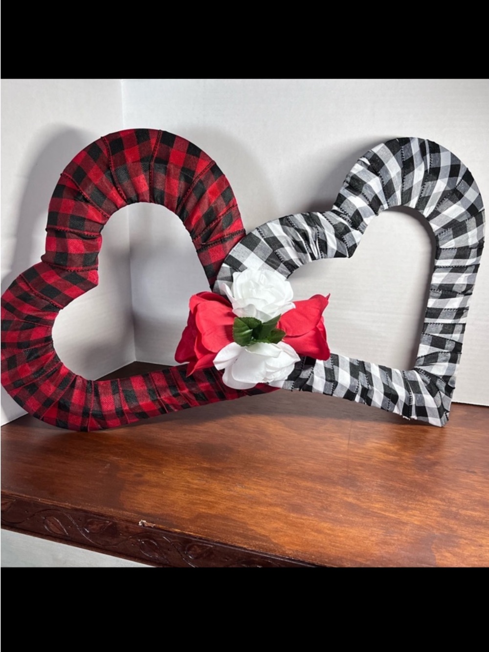Very Large 24” Gingham Ribbon Wrapped Double Heart Wreath Decor Lumberjack